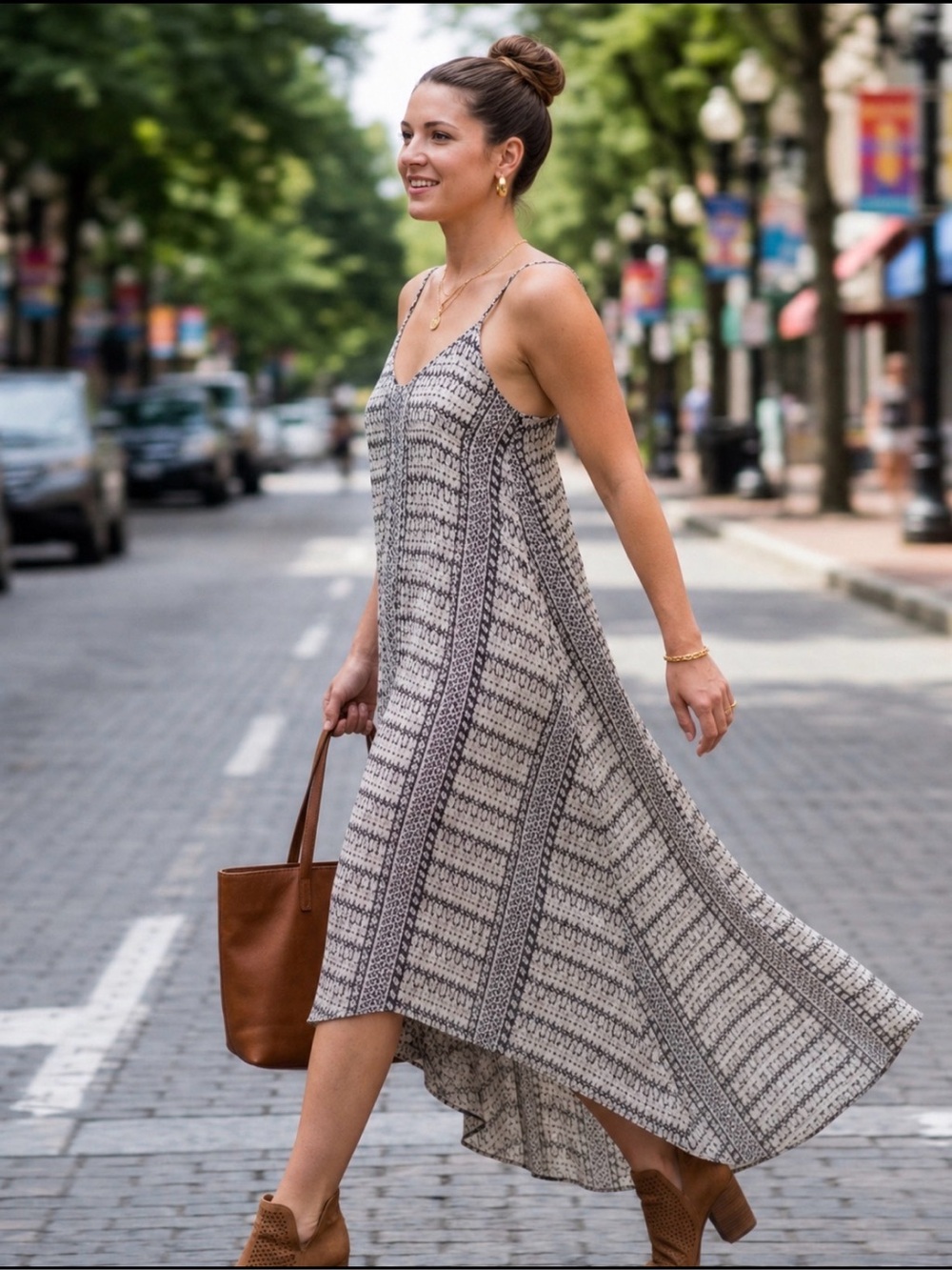 a.n.a Cream and Black Printed High-Low Slip Dress